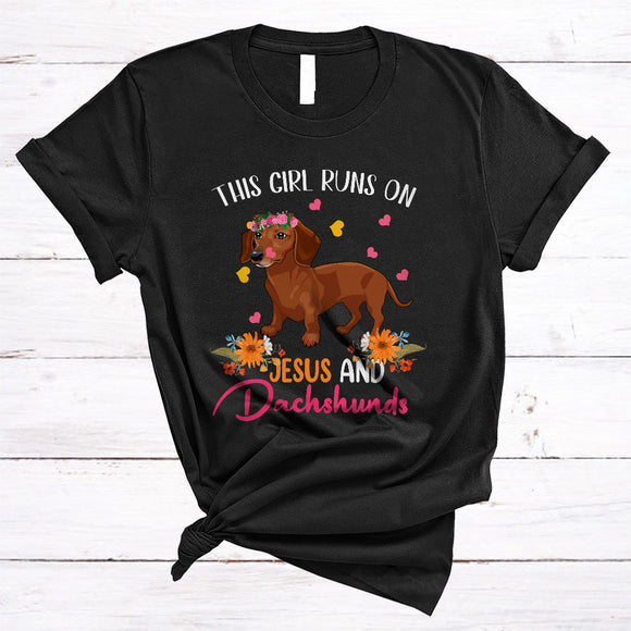 MacnyStore - Girl Runs On Jesus And Dachshunds, Adorable Flowers Floral Animal Lover, Family Group T-Shirt