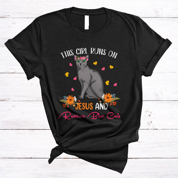MacnyStore - Girl Runs On Jesus And Russian Blue Cats, Adorable Flowers Floral Animal Lover, Family Group T-Shirt