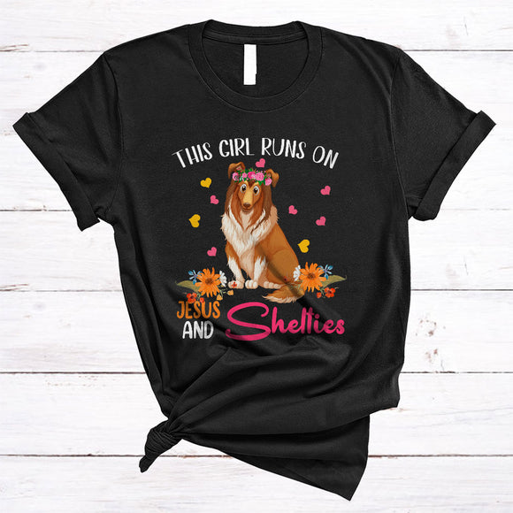MacnyStore - Girl Runs On Jesus And Shelties, Adorable Flowers Floral Animal Lover, Family Group T-Shirt