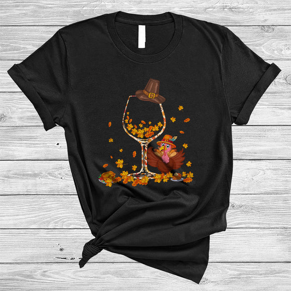 MacnyStore - Glass Of Wine Shape Autumn Fall Leaf Cool Awesome Thanksgiving Drinking Wine Turkey T-Shirt