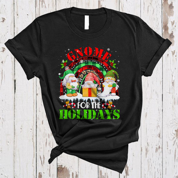 MacnyStore - Gnome For The Holidays, Lovely Merry Christmas Snow Three Gnomes, Gnomies Plaid Rainbow T-Shirt