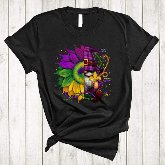 MacnyStore - Gnome Half Leopard Sunflower, Awesome Mardi Gras Beads Plaid Gnome, Parades Group T-Shirt