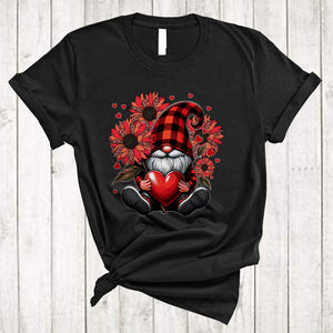 MacnyStore - Gnome Holding Heart Sunflower, Awesome Valentine's Day Plaid Gnome Hearts, Couple Lover T-Shirt