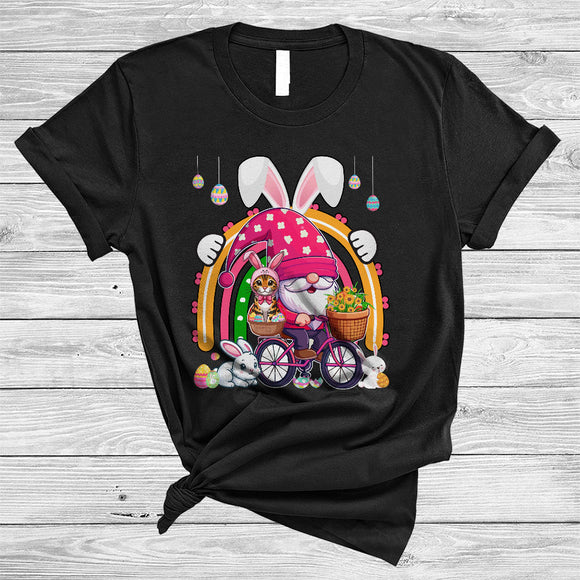 MacnyStore - Gnome Riding Bicycle With Bunny Bengal Cat, Lovely Easter Rainbow, Eggs Hunting Lover T-Shirt