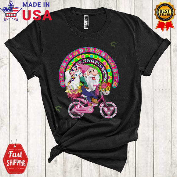 MacnyStore - Gnome Riding Bicycle With Bunny Cat Cute Cool Easter Eggs Gnome Rainbow Lover T-Shirt