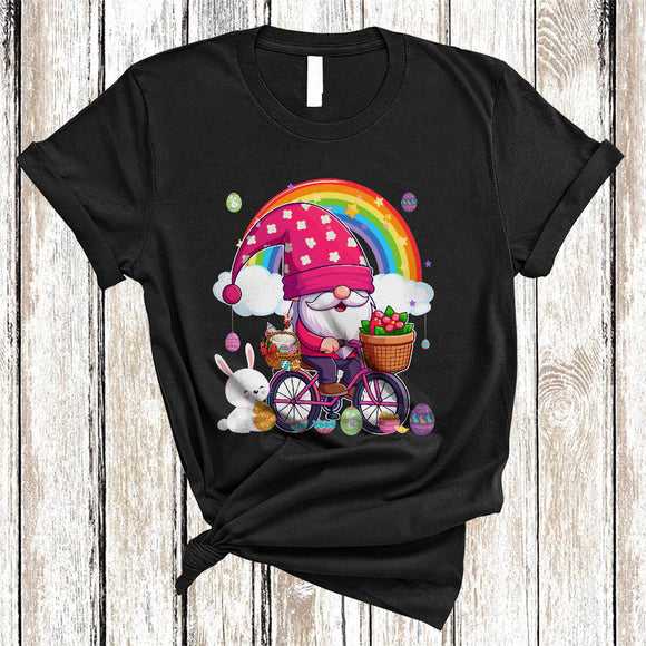 MacnyStore - Gnome Riding Bicycle With Bunny Chicken, Lovely Easter Bicycle Rainbow, Egg Hunt Group T-Shirt