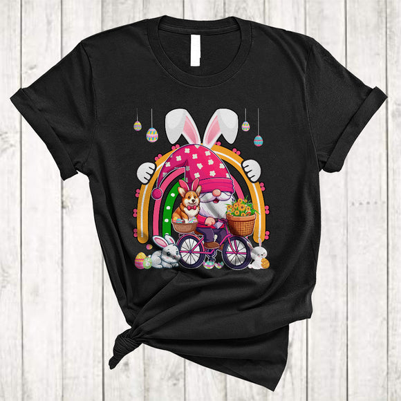 MacnyStore - Gnome Riding Bicycle With Bunny Corgi, Lovely Easter Day Rainbow, Egg Hunting Lover T-Shirt