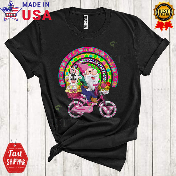 MacnyStore - Gnome Riding Bicycle With Bunny Cow Cute Cool Easter Eggs Gnome Rainbow Farmer Lover T-Shirt