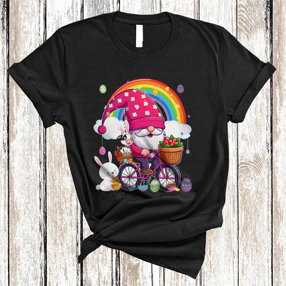 MacnyStore - Gnome Riding Bicycle With Bunny Cow, Lovely Easter Bicycle Rainbow, Egg Hunt Group T-Shirt