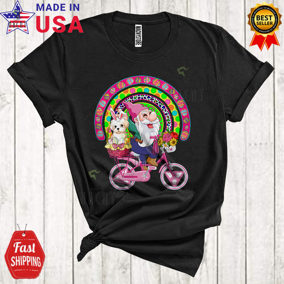 MacnyStore - Gnome Riding Bicycle With Bunny Maltese Cute Cool Easter Eggs Gnome Rainbow Lover T-Shirt