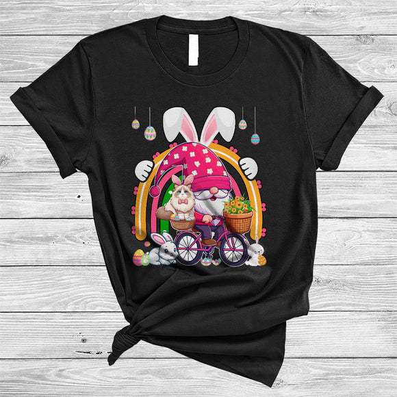 MacnyStore - Gnome Riding Bicycle With Bunny Ragdoll Cat, Lovely Easter Rainbow, Eggs Hunting Lover T-Shirt