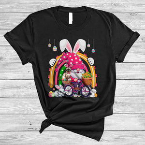 MacnyStore - Gnome Riding Bicycle With Bunny Siamese Cat, Lovely Easter Rainbow, Eggs Hunting Lover T-Shirt