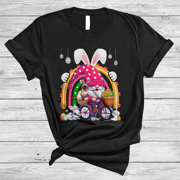 MacnyStore - Gnome Riding Bicycle With Bunny Siamese Cat, Lovely Easter Rainbow, Eggs Hunting Lover T-Shirt