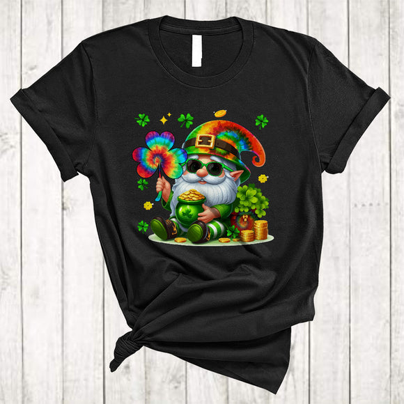 MacnyStore - Gnome Tie Dye With Shamrock, Lovely St. Patrick's Day Gnomes Lover, Gnomies Shamrock T-Shirt