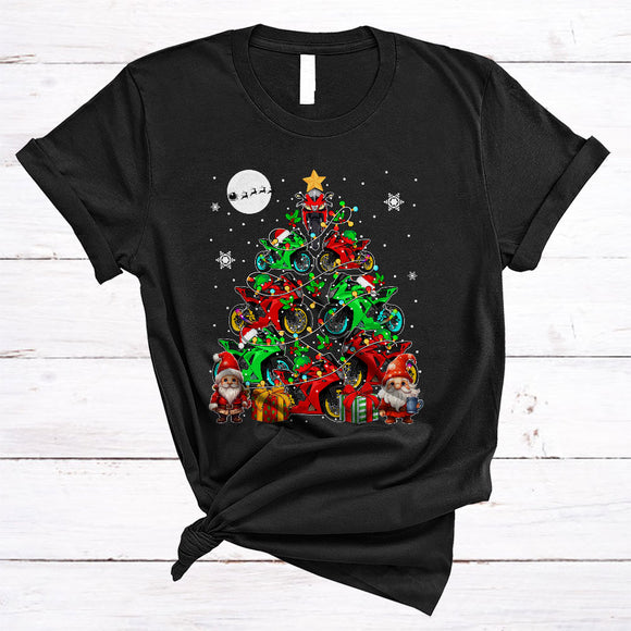 MacnyStore - Gnomes Motorbike Christmas Tree, Awesome X-mas Motorbike Rider Squad Team, Matching Family Group T-Shirt