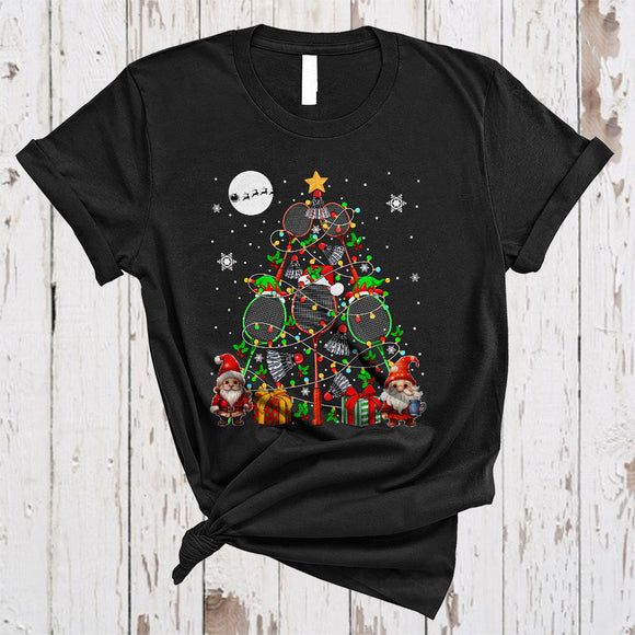 MacnyStore - Gnomes With Badminton Christmas Tree, Cheerful Santa Reindeer ELF Badminton Player, X-mas Lights T-Shirt