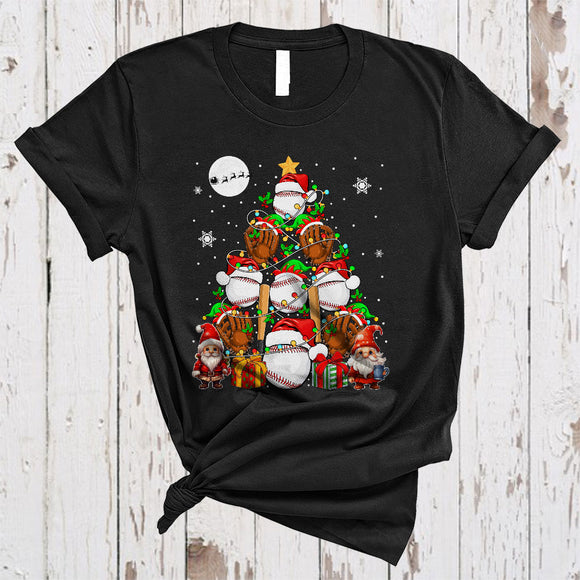 MacnyStore - Gnomes With Baseball Christmas Tree, Cheerful Santa Reindeer ELF Baseball Player, X-mas Lights T-Shirt