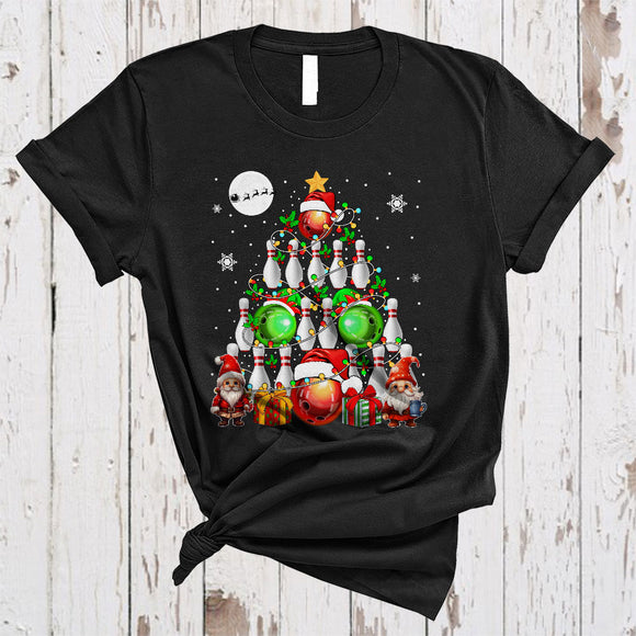 MacnyStore - Gnomes With Bowling Christmas Tree, Cheerful Santa Reindeer ELF Bowling Player, X-mas Lights T-Shirt