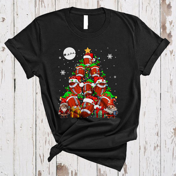 MacnyStore - Gnomes With Football Christmas Tree, Cheerful Santa Reindeer ELF Football Player, X-mas Lights T-Shirt