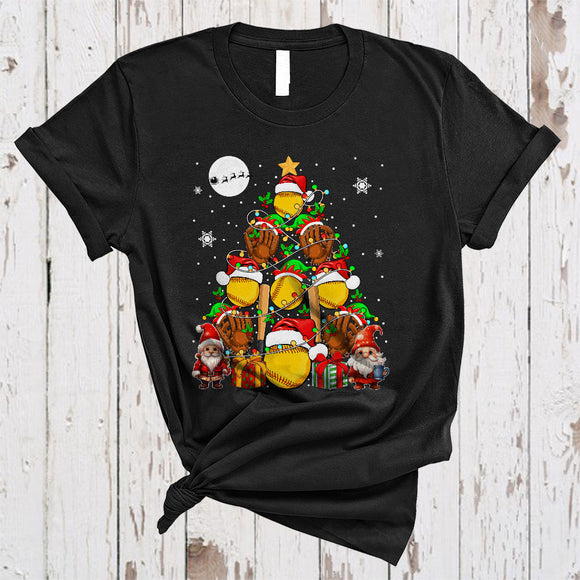 MacnyStore - Gnomes With Softball Christmas Tree, Cheerful Santa Reindeer ELF Softball Player, X-mas Lights T-Shirt