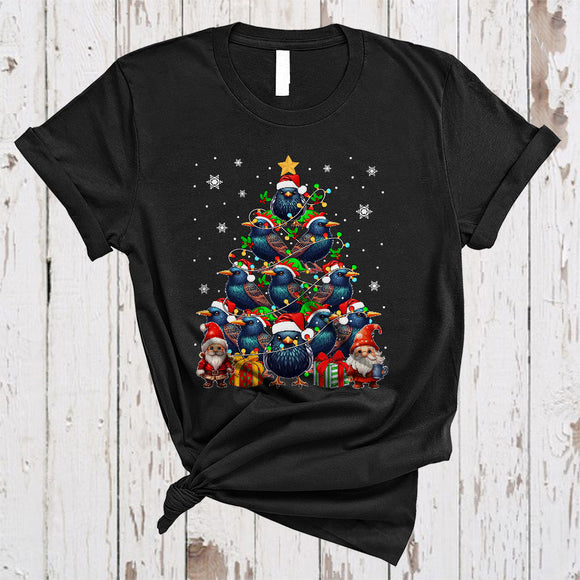 MacnyStore - Gnomes With Starling Bird Christmas Tree, Cheerful Gnome ELF Starling Bird Lover, X-mas Animal T-Shirt