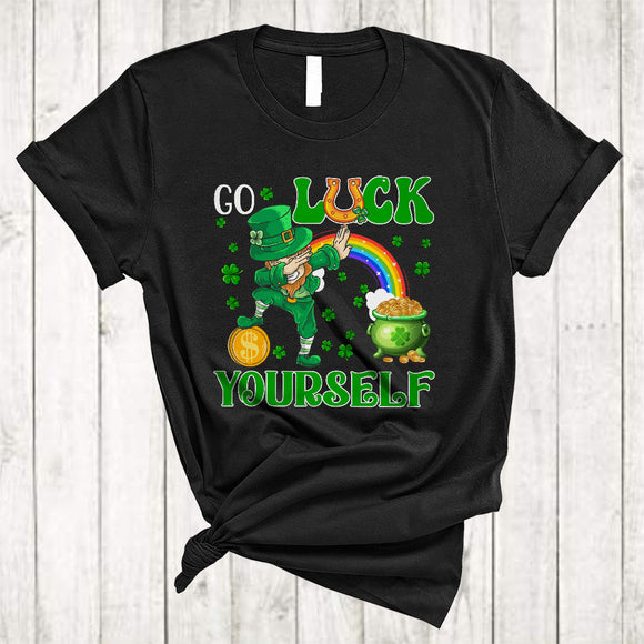 MacnyStore - Go Luck Yourself, Sarcastic St. Patrick's Day Dabbing Leprechaun, Rainbow Lucky Shamrock T-Shirt