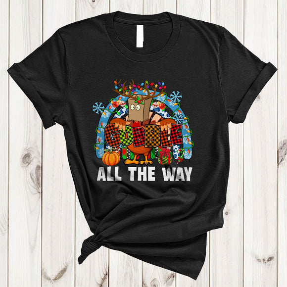 MacnyStore - Gobble All The Way, Humorous Thanksgiving Christmas Fake Turkey Reindeer, Plaid Family Rainbow T-Shirt