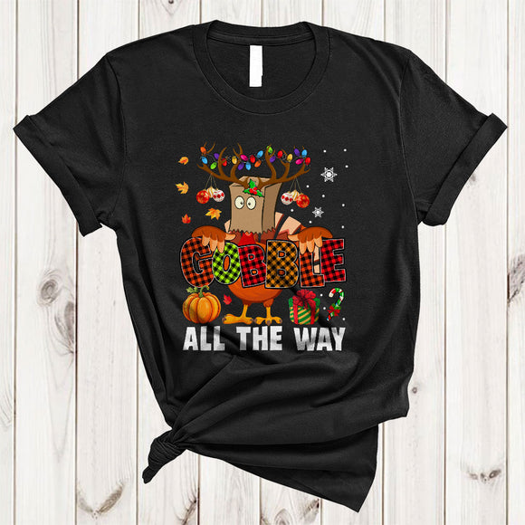 MacnyStore - Gobble All The Way, Humorous Thanksgiving Christmas Fake Turkey Reindeer, Plaid Family T-Shirt