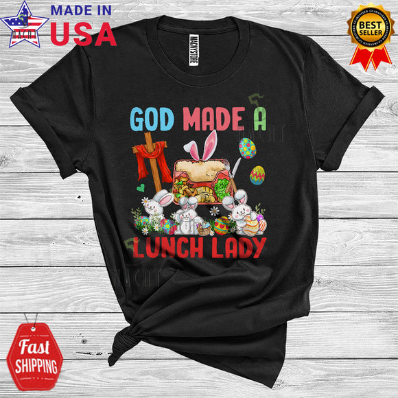 MacnyStore - God Made A Lunch Lady Funny Cool Easter Day Christian Cross Bunny Hunting Easter Egg Lover T-Shirt