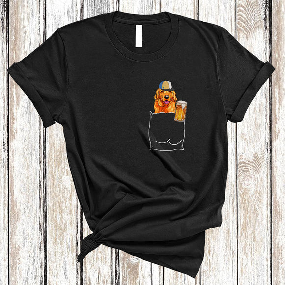 MacnyStore - Golden Retriever Drinking Beer In Pocket, Humorous Drunker Beer Animal Lover, Drinking Group T-Shirt