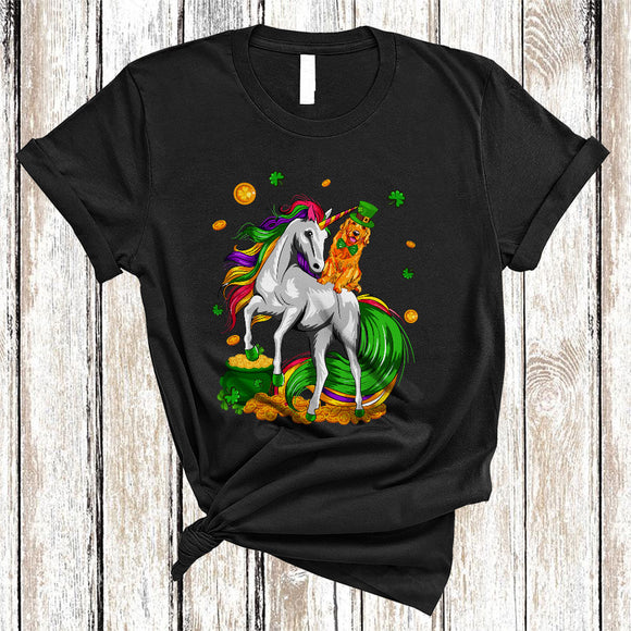 MacnyStore - Golden Retriever Riding Unicorn, Joyful St. Patrick's Day Magical Unicorn Lover, Lucky Shamrock T-Shirt
