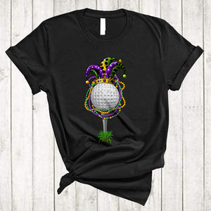 MacnyStore - Golf Mardi Gras Beads Jester Hat, Cheerful Mardi Gras Golf Player, Matching Sport Team T-Shirt