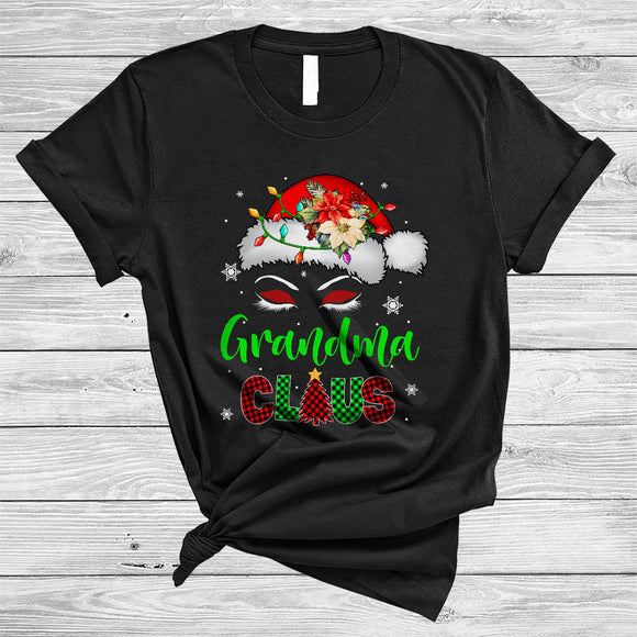 MacnyStore - Grandma Claus, Cute Plaid Christmas Floral Santa Hat Face Lover, Matching Family X-mas Group T-Shirt