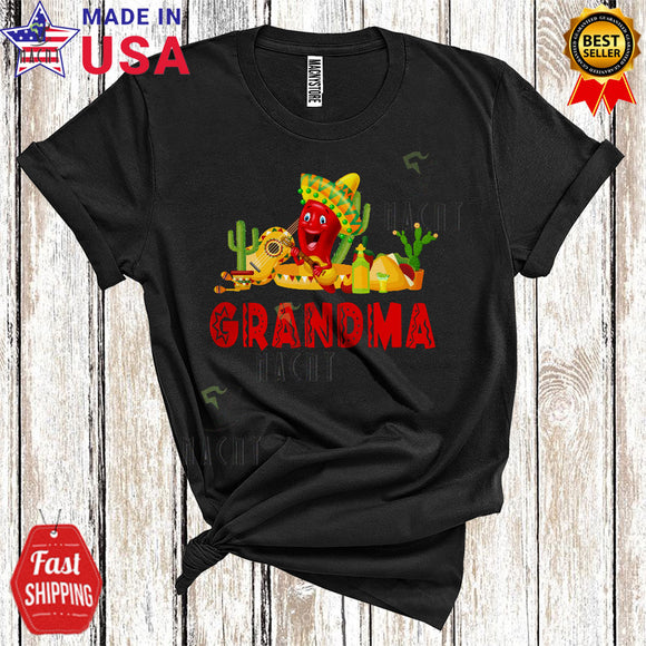 MacnyStore - Grandma Funny Cool Cinco De Mayo Mexican Pride Chili Wearing Sombrero Playing Guitar Family Group T-Shirt