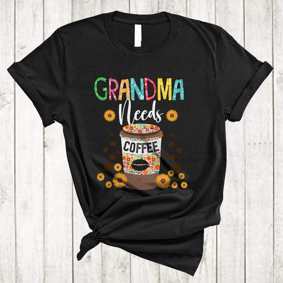 MacnyStore - Grandma Needs Coffee, Awesome Mother's Day Flowers Coffee Drinking, Matching Family Group T-Shirt