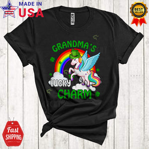 MacnyStore - Grandma's Lucky Charm Cute Happy St. Patrick's Day Rainbow Leprechaun Unicorn Lover Family Group T-Shirt
