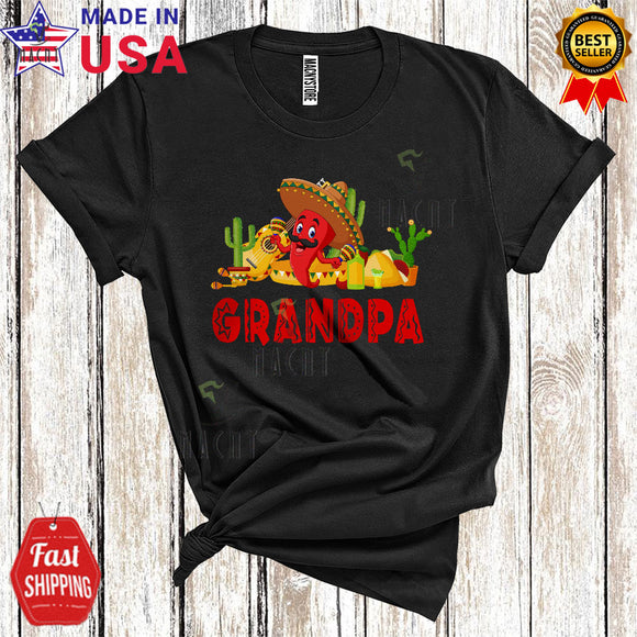 MacnyStore - Grandpa Funny Cool Cinco De Mayo Mexican Pride Chili Wearing Sombrero Playing Guitar Family Group T-Shirt