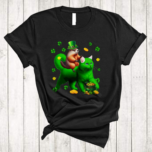 MacnyStore - Groundhog Riding Cat, Lovely St. Patrick's Day Groundhog Cat Lover, Irish Shamrock Animal T-Shirt