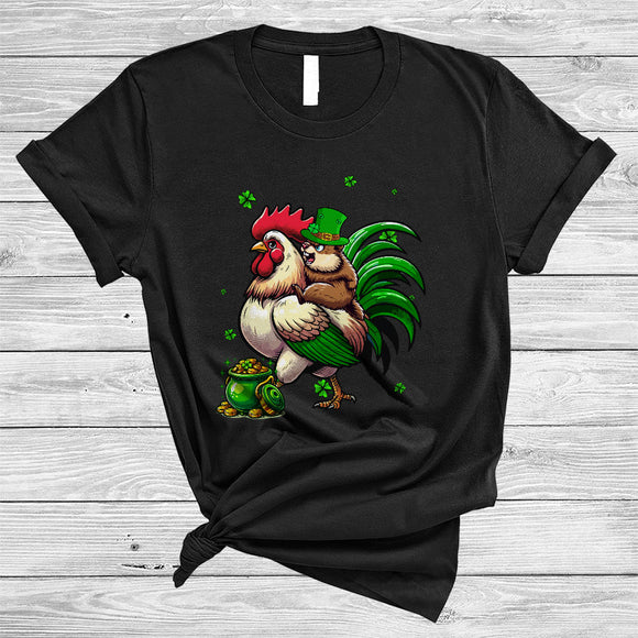 MacnyStore - Groundhog Riding Chicken, Lovely St Patrick's Day Groundhog Lucky Shamrock, Farmer Group T-Shirt