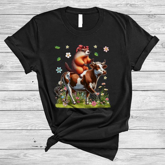 MacnyStore - Groundhog Riding Cow, Adorable Groundhog Cow Wild Animal, Matching Farmer Group T-Shirt