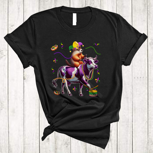 MacnyStore - Groundhog Riding Cow, Lovely Mardi Gras Groundhog Cow Wearing Beads Jester Hat, Animal Lover T-Shirt
