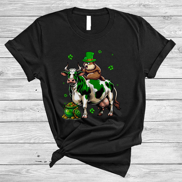 MacnyStore - Groundhog Riding Cow, Lovely St Patrick's Day Groundhog Lucky Shamrock, Farmer Group T-Shirt