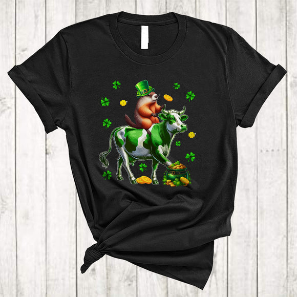 MacnyStore - Groundhog Riding Cow, Lovely St. Patrick's Day Groundhog Cow Lover, Irish Shamrock Animal T-Shirt