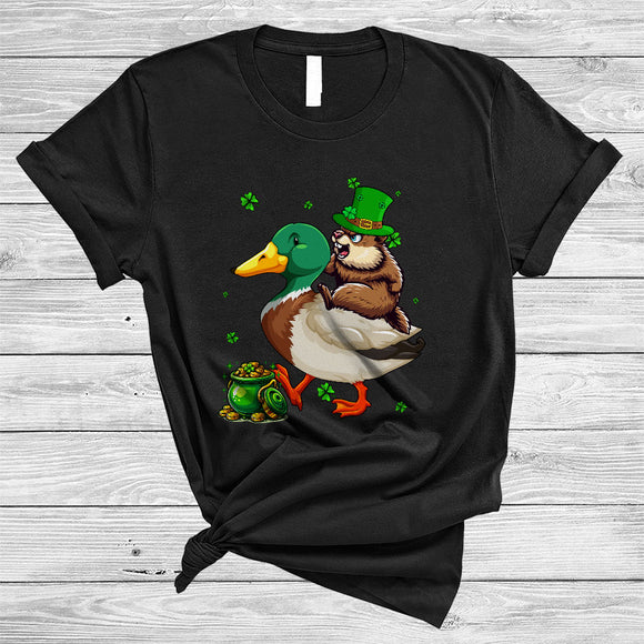 MacnyStore - Groundhog Riding Duck, Lovely St Patrick's Day Groundhog Lucky Shamrock, Farmer Group T-Shirt