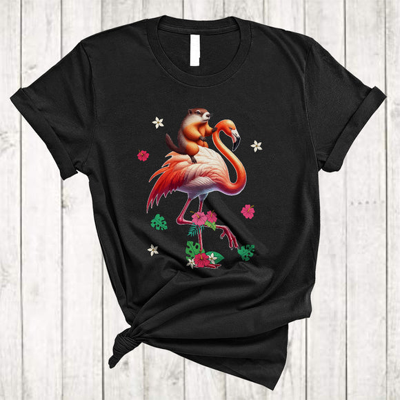 MacnyStore - Groundhog Riding Flamingo, Adorable Groundhog Flamingo Flowers Wild Animal, Zoo Keeper Group T-Shirt