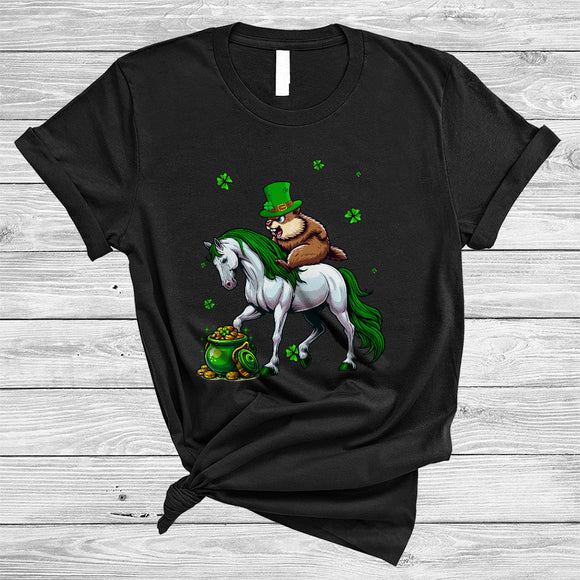 MacnyStore - Groundhog Riding Horse, Lovely St Patrick's Day Groundhog Lucky Shamrock, Farmer Group T-Shirt