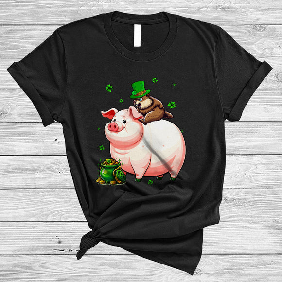 MacnyStore - Groundhog Riding Pig, Lovely St Patrick's Day Groundhog Lucky Shamrock, Farmer Group T-Shirt