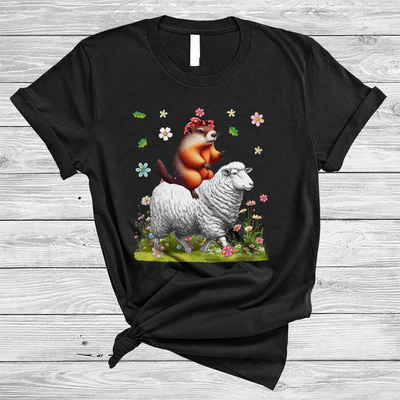 MacnyStore - Groundhog Riding Sheep, Adorable Groundhog Sheep Wild Animal, Matching Farmer Group T-Shirt