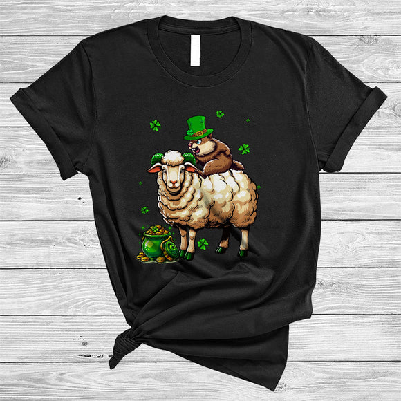 MacnyStore - Groundhog Riding Sheep, Lovely St Patrick's Day Groundhog Lucky Shamrock, Farmer Group T-Shirt