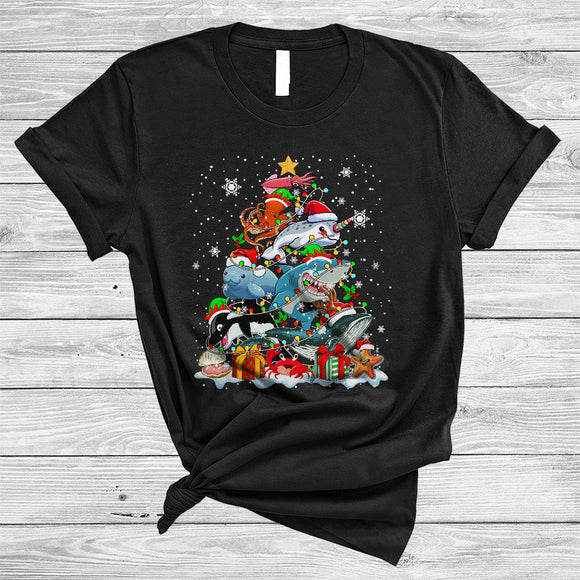 MacnyStore - Group Sea Animal Christmas Tree, Funny Santa Shark Orca Starfish, X-mas Family Group T-Shirt